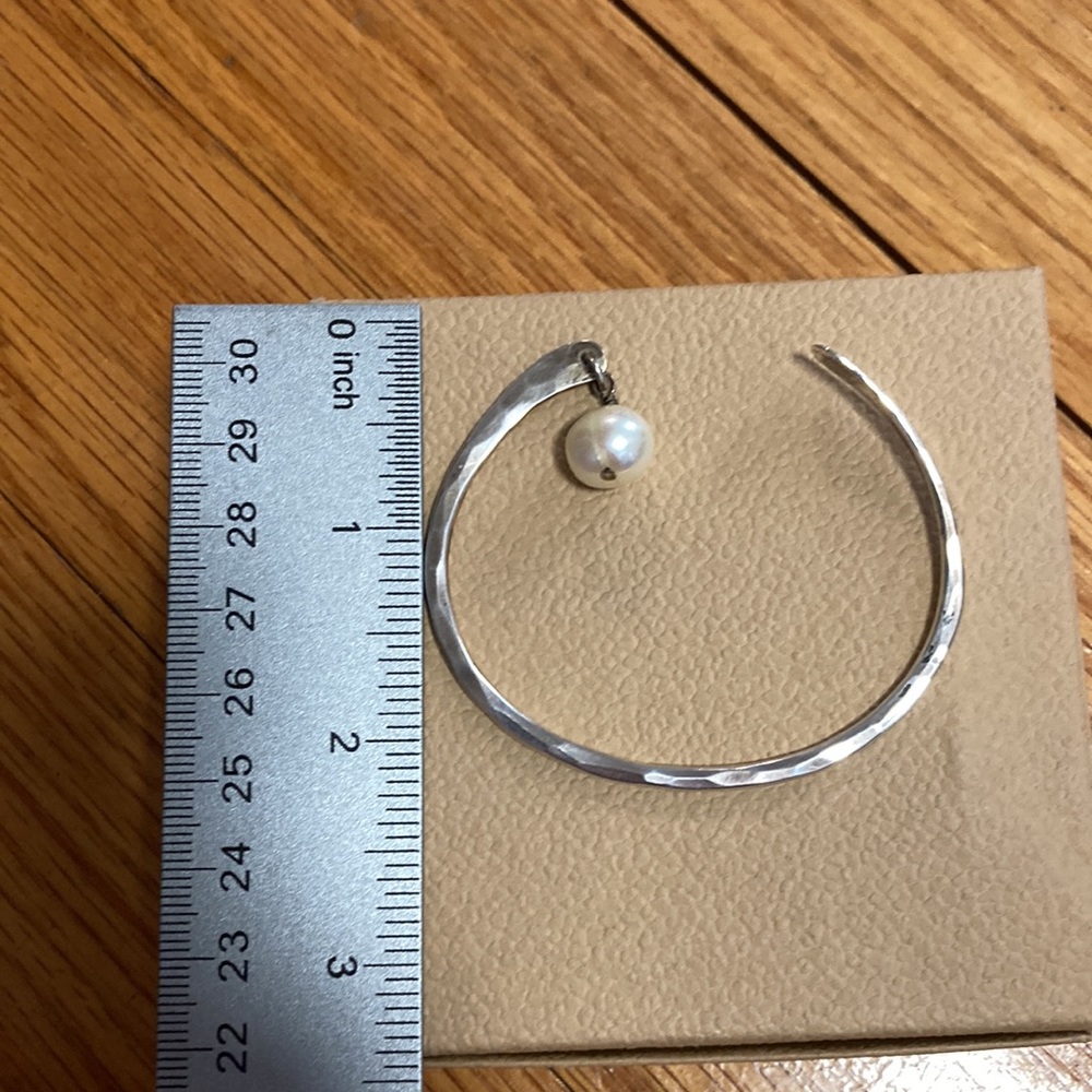 Hammered Sterling Silver Cuff Bracelet with White Pearl Accent - Picture 10 of 11